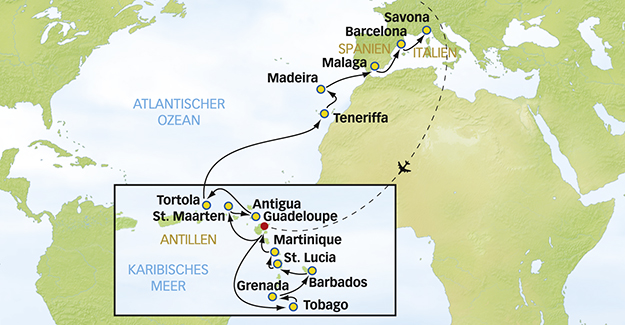 Costa Karibik-Atlantik-Mittelmeer mit Bordguthaben+Flug Costa Karibik-Atlantik-Mittelmeer mit Bordguthaben+Flug