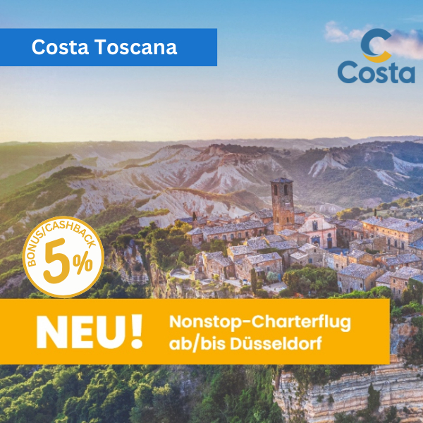 NEU! NONSTOP-CHARTERFLUG AB/BIS DÜSSELDORF ZUR COSTA TOSCANA